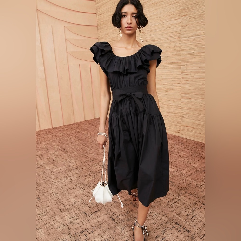 Ulla Johnson Amira Poplin Ruffle Black‎ Midi Dress- NWT - Picture 3 of 12